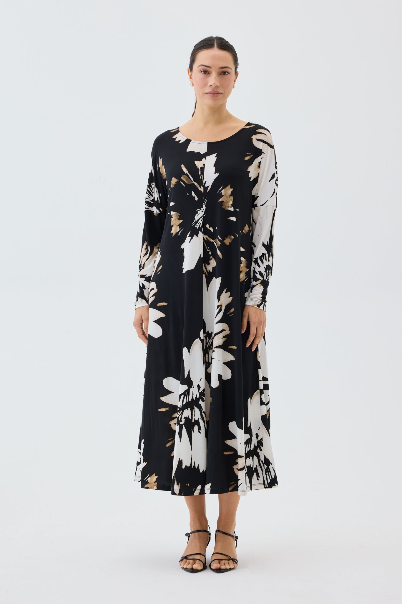 Flora Long Sleeve Swing Dress Black Floral Feathers