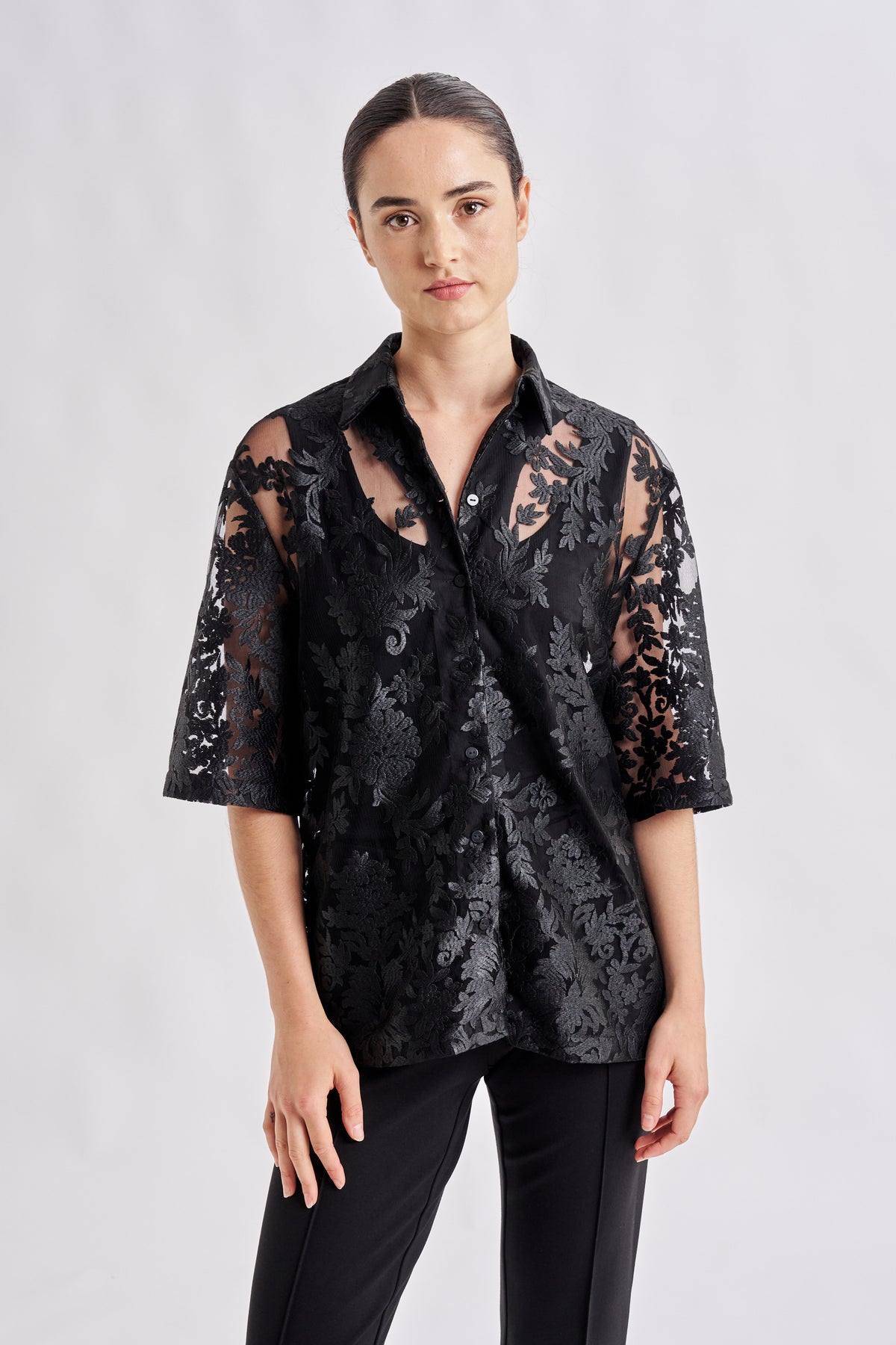 Lace Button Up Long Sleeve Shirt main image 0