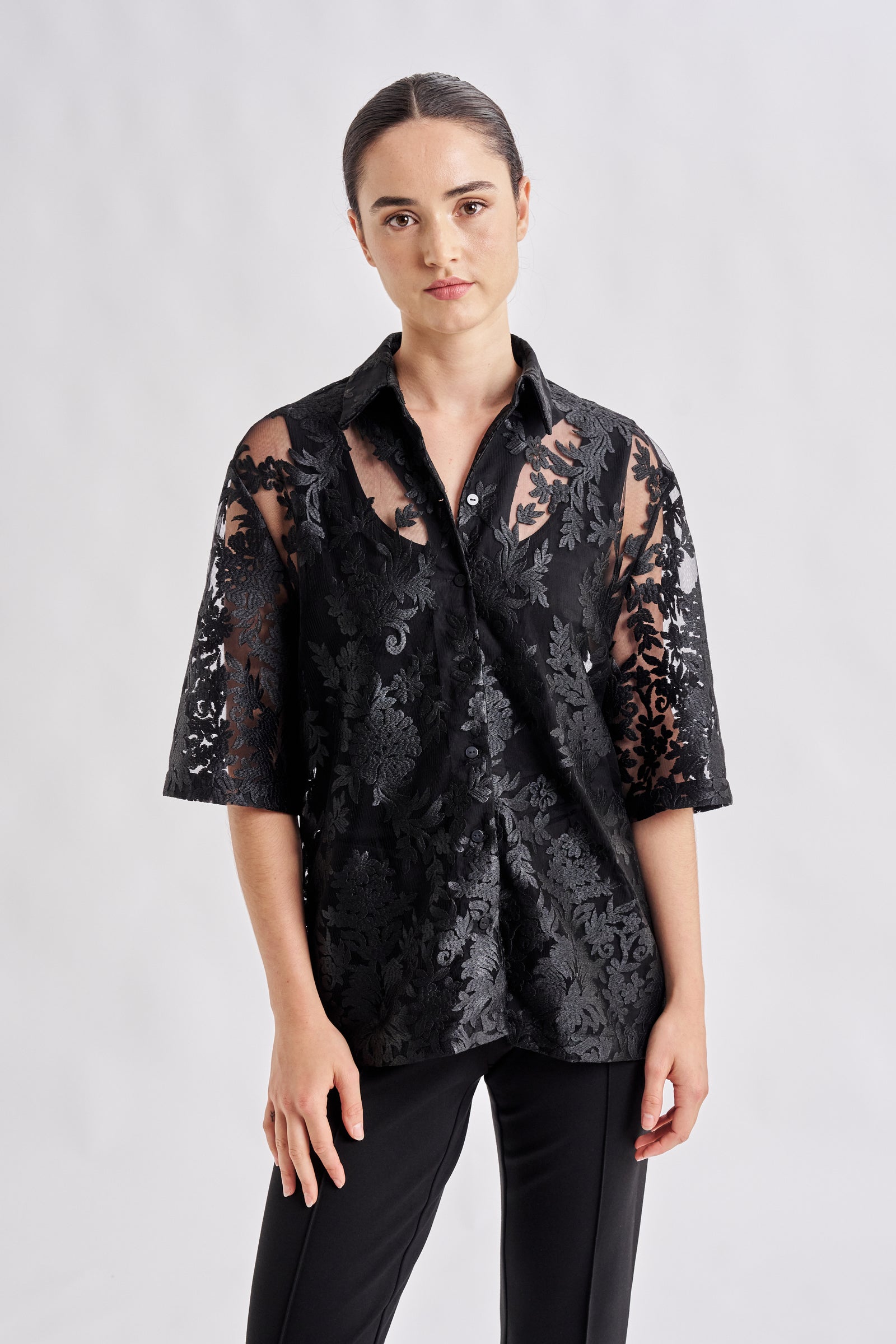 Lace checkered short-sleeved shirt main image 0