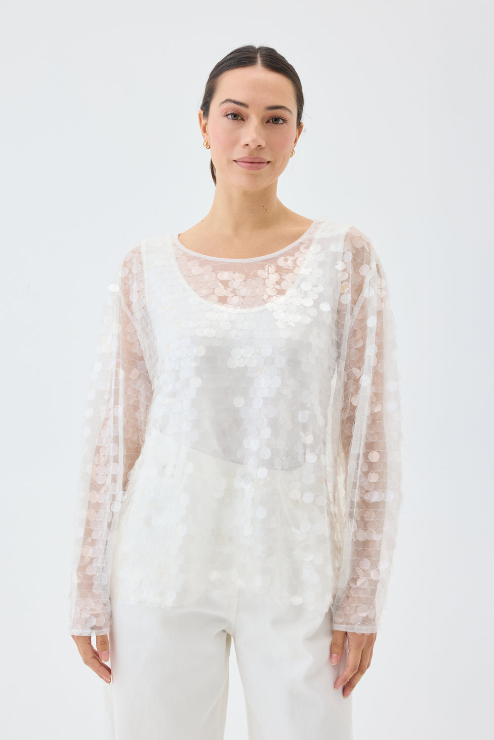 BiBi Clear Sequin All-over Gingham Smocked Top